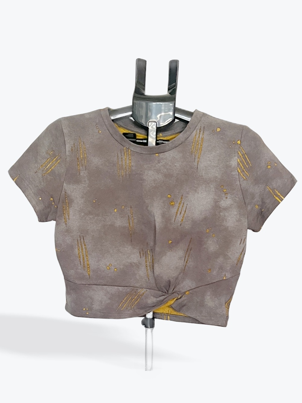 Micas Knot-Front Crop Top in Gray with Gold Accents